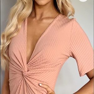 PRETTLITTLETHING peach ribbed twist jumpsuit